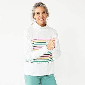 Croft & Barrow Mockneck Sweatshirt Ivory Multicolor Stripes Long Sleeve Size XL